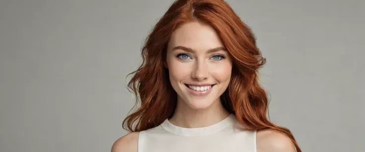 a high model, with long wavy red hair at the end , reddish mouth and cheeks, avec un sourire timide montrant ses dents et ses taches de rousseur, aux yeux bleu clair. I want that&#39;she wears a long white skirt and a red top, assise dans un restaurant à P...