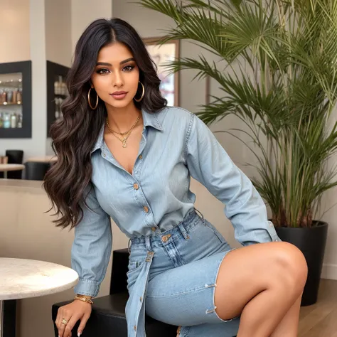 Create an ultra-realistic image of a modern, attractive female influencer of Indian descent, aged between 27 to 30. She should have a warm and inviting smile, expressive almond-shaped eyes with a slight shimmer, and clear, glowing skin with a medium brown ...