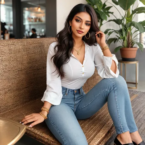 Create an ultra-realistic image of a modern, attractive female influencer of Indian descent, aged between 27 to 30. She should have a warm and inviting smile, expressive almond-shaped eyes with a slight shimmer, and clear, glowing skin with a medium brown ...