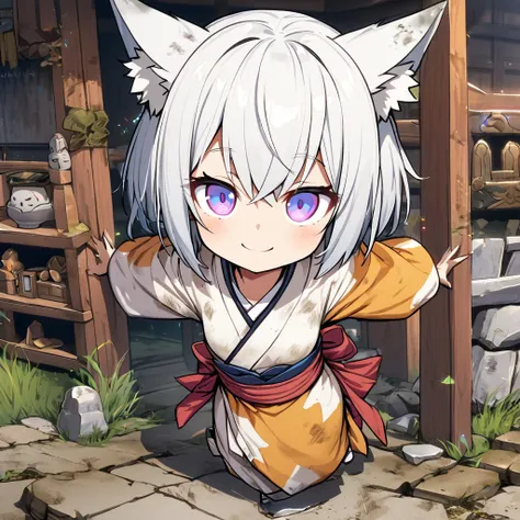 1girl,solo,short hair,white hair color,fox ear,drooping eyes,dirty kimono,small breasts,short stature,looking at viewer,smile,Shrines in shambles,