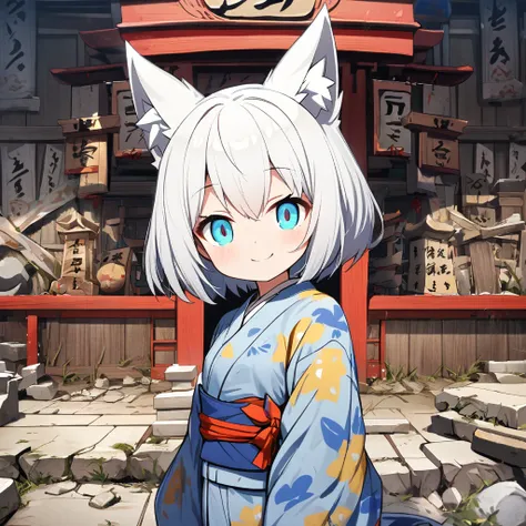 1girl,solo,short hair,white hair color,fox ear,drooping eyes,dirty kimono,small breasts,short stature,looking at viewer,smile,Shrines in shambles,