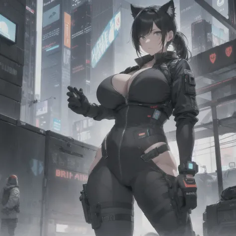 Absurd resolution, high resolution, (masterpiece: 1.4), hyper-detail, full body shot, full frontal camera perspective, solo, 1 kemono feline cat woman, humanoid, no skin other than neck and head shown, pilot suit, black hair, messy ponytail, cute face, det...