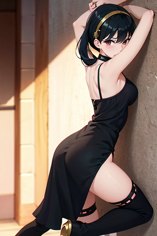 Yor Briar、Black Hair、Gold headband、Black dress、No sleeve、Black choker、Black long boots、Stick your butt out、dynamic、Lean back、Shyness、Slim thighs、look back、Night back alley background、Gold Hair Ornament、Dark Background、Blurred Background、Spread your legs、Wa...