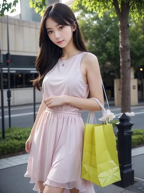 shopping、paper bag、Chiffon dress、(Highest quality)、((Very detailed))、4K、(8K)、masterpiece、Very detailedな、Highest quality、Super Resolution、1 person、Kind Face、Soft Light、RAW quality、Soft Skin、163cm、30 years old、Shin swelling