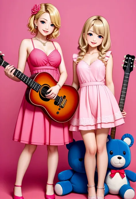 Anime characters、One Girl、3 year old、guitar、Pink Dress、Blonde、infant、Kids Room、toy、stuffed toy、Pink Background、教育、Anime for children、