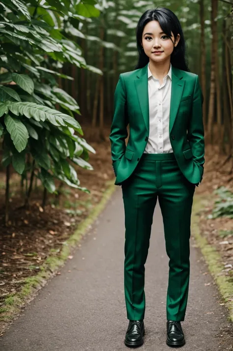 little fairy, with black hair, and green suit with black full body 