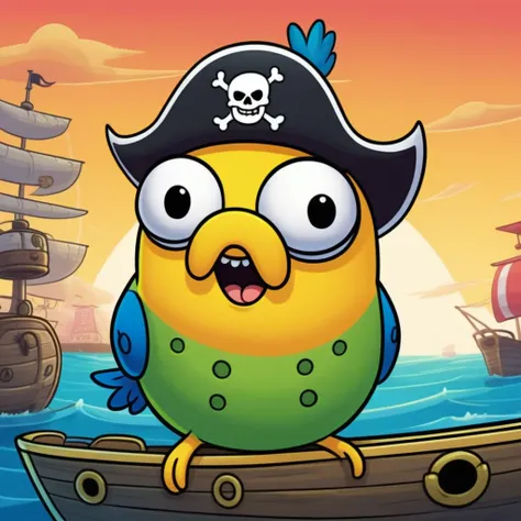 pirate parot closed up face , mobile game art, banner, detailed game art, stylized game art, game illustration, splash screen art, full card design, wallpaper!, extended art, adtime style art, saturated colorful, SpongeBob style art