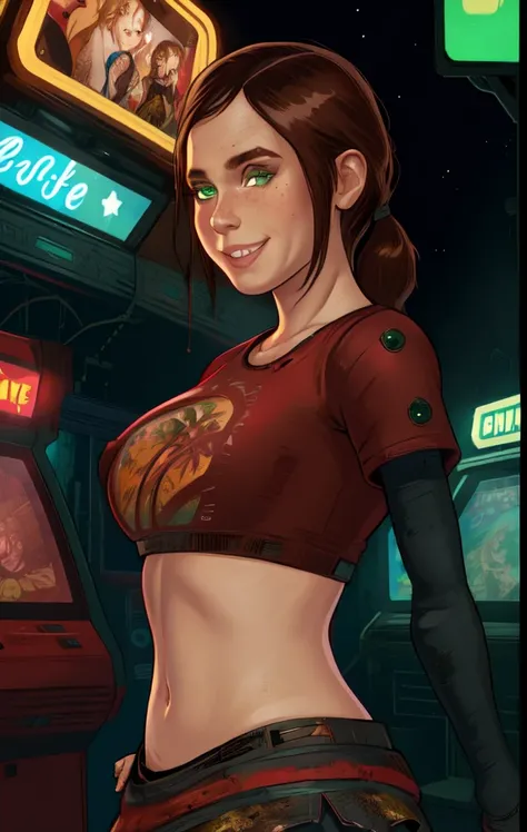 elliet2, green eyes,  brown hair, low ponytail, 
Crop top, dirty mini skirt,   long sleeves, 
upper body, standing,   smile, 
arcade room, neon lights, night, 
 looking at viewer, 
(insanely detailed, beautiful detailed face,beautiful detailed eyes, master...