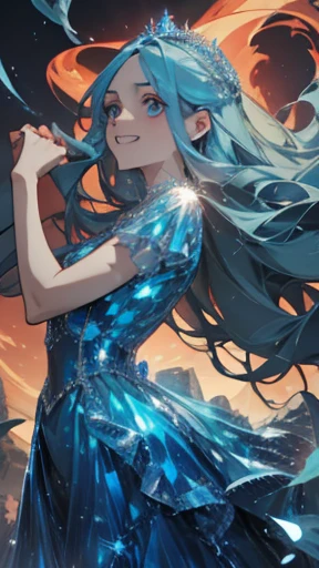 A princess laughing joyfully, detailed face, blue eyes, bioluminescent red dress, very long hair, flying hair, magical, high resolution, masterpiece