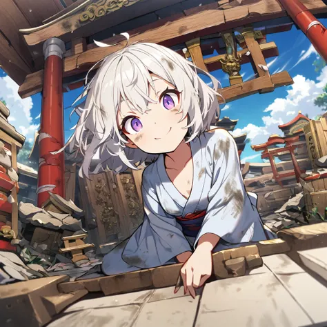 1girl,solo,short hair,dirty hair,white hair color,fox ear,drooping eyes,dirty kimono,small breasts,short stature,looking at viewer,smile,Shrines in shambles,