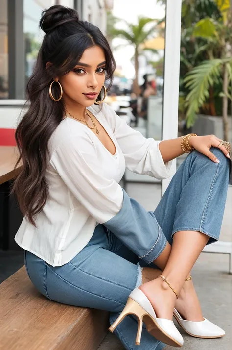 Create an ultra-realistic image of a modern, attractive female influencer of Indian descent, aged between 27 to 30. She should have a warm and inviting smile, expressive almond-shaped eyes with a slight shimmer, and clear, glowing skin with a medium brown ...