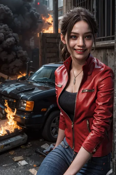 1girl, (realistic),(hyperrealism),(best quality),(masterpiece),(ultra high res),(photorealistic),idol,eye makeup,detailed eyes,detailed face,black dress, claireredfield2, brown hair, (red jacket:1.2), ponytail, (denim pants:1.3),,  red wristband, grey inne...