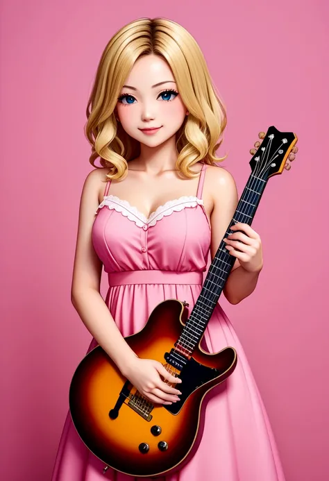 Anime characters、One 、3 year old、guitar、Pink Dress、Blonde、infant、Kids Room、toy、stuffed toy、Pink Background、教育、Anime for children、