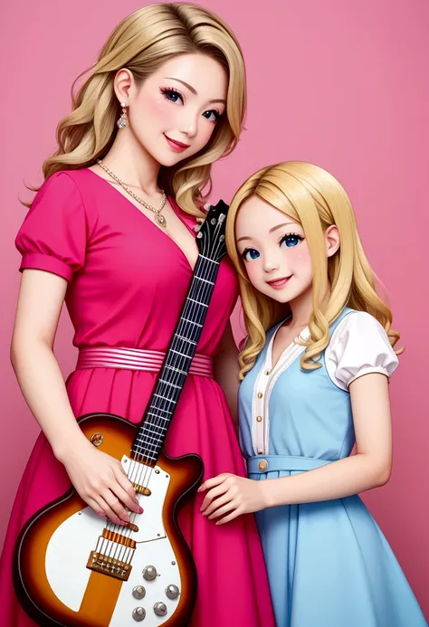 Anime characters、One 、3 year old、guitar、Pink Dress、Blonde、infant、Kids Room、toy、stuffed toy、Pink Background、教育、Anime for children、