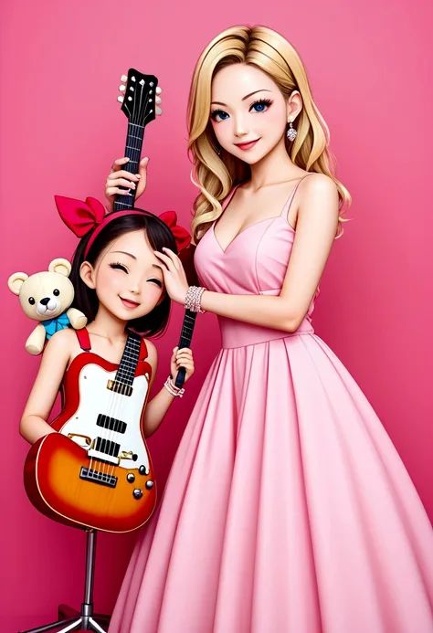 Anime characters、One 、3 year old、guitar、Pink Dress、Blonde、infant、Kids Room、toy、stuffed toy、Pink Background、教育、Anime for children、