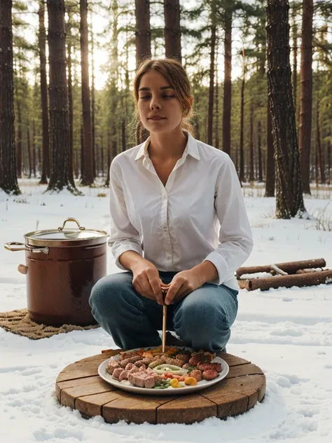 a beautiful woman wearing a white shirt, outdoor cooking meats, camping, bbq, forest, on snow seasons, next to river, photorealistic, 8k, highly detailed, serene, peaceful, warm lighting, natural colors, soft shadows, depth of field, cinematic composition