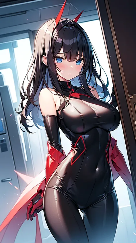 (Highly detailed CG Unity 8k wallpaper,masterpiece, Biological, whole body),(Best lighting, Best Shadow, Very delicate and beautiful),(One girl),blue eyes, Big Breasts, Black Hair,Red and black off-the-shoulder revealing high-cut レオタード SF bodysuit,Neck Sea...