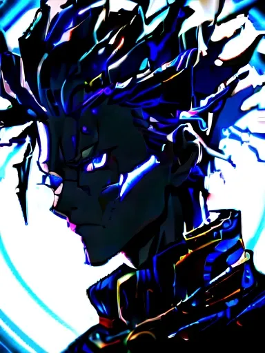 ((Masterpiece)), ((magic)),((ultra detail)), 1boy, gojo satoru, Jujutsu kaisen, white hair, magic blue circle, blue lighting, handsone, blood splatter, messy hair, blue eyes, serious face, looking at viwers, dark background, powerfull, magical view