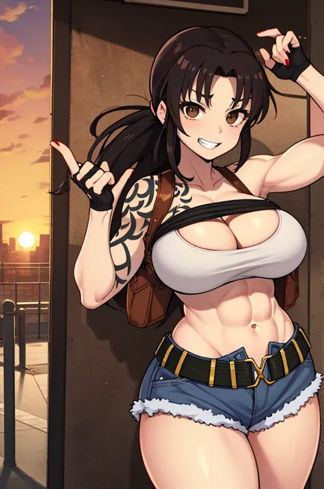 (masterpiece、highest quality:1.2)、solo、anime woman、revue、grin and laugh、looking at the viewer、Are standing、long brown hair、brown eyes、ponytail、V-shaped eyebrow hair、white sports bra、collarbone、fingerless gloves、denim shorts、belt、holster、strong muscles、big ...