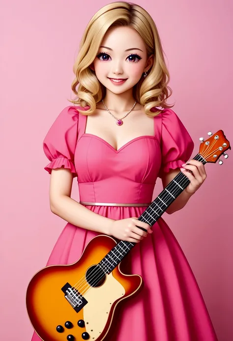 One 、3 year old、guitar、Pink Dress、Cute blonde、infant、Kids Room、toy、stuffed toy、Pink Background、教育、Anime for children、