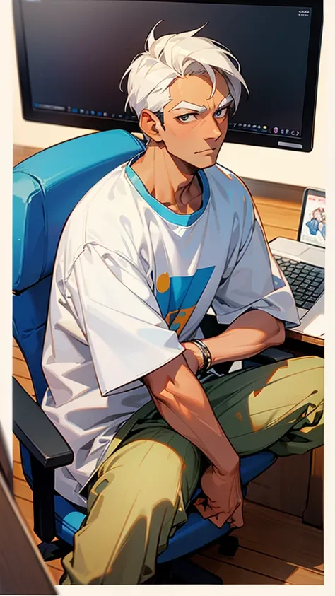  18 years older Indian 
gentleman man wearing T-shirt  cartoon anime image sitting on computer chair 