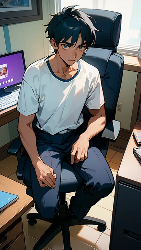  18 years older Indian 
gentleman man wearing T-shirt  cartoon anime image sitting on computer chair 