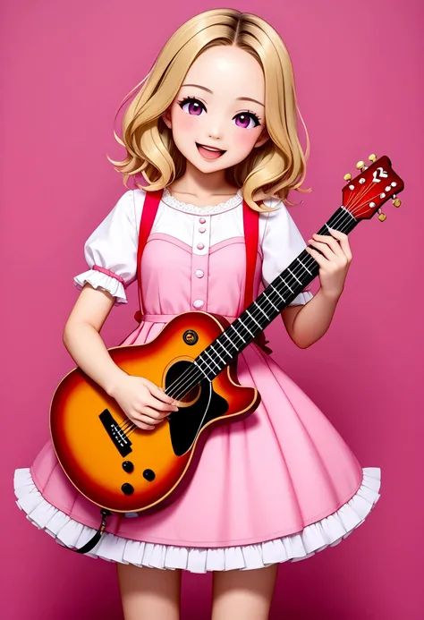 One 、3 year old、guitar、Pink Dress、Cute blonde、infant、Kids Room、toy、stuffed toy、Pink Background、教育、Anime for children、Singing with Acoustic Guitar