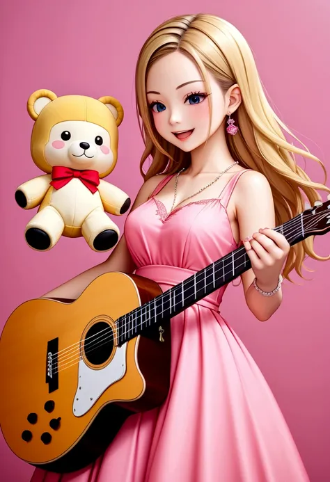 One 、3 year old、guitar、Pink Dress、Cute blonde、infant、Kids Room、toy、stuffed toy、Pink Background、教育、Anime for children、Singing with Acoustic Guitar