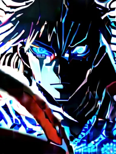 ((Masterpiece)), ((magic)),((ultra detail)), 1boy, gojo satoru, Jujutsu kaisen, white hair, magic blue circle, blue lighting, handsone, blood splatter, messy hair, blue eyes, serious face, looking at viwers, dark background, powerfull, magical view