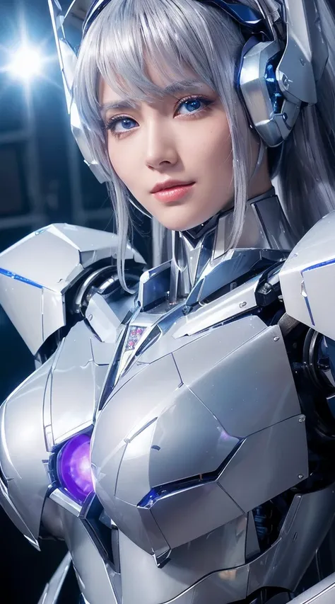 ((Extreme close up:1.6))、(((Lenses shining on both breasts:1.3)))、((Blue pillars of light radiate from both of his chests..:1.3))、break、(((Dynamic pose:1.8)))、smile、((8K)), ((32k)), ((Highest quality)), ((masterpiece)), ((超A high resolution)), ((Tmasterpie...