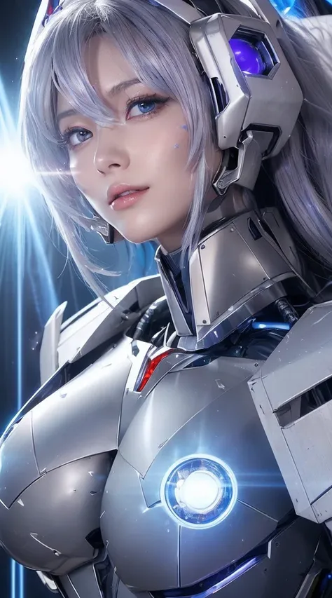 ((Extreme close up:1.6))、(((Lenses shining on both breasts:1.3)))、((Blue pillars of light radiate from both of his chests..:1.3))、break、(((Dynamic pose:1.8)))、smile、((8K)), ((32k)), ((Highest quality)), ((masterpiece)), ((超A high resolution)), ((Tmasterpie...