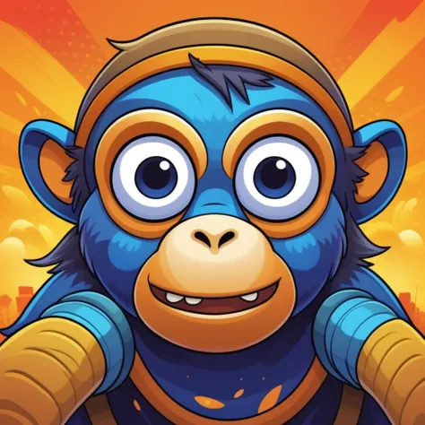 monkey closed up face , mobile game art, banner, detailed game art, stylized game art, game illustration, splash screen art, full card design, wallpaper!, extended art, adtime style art, saturated colorful