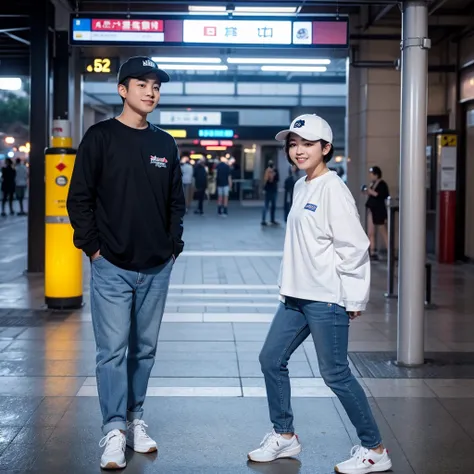 A young Asian man with short hair and an oval face, wearing a baseball cap and white sneakers, stands enjoying the evening scenery at a train station. He is accompanied by a chubby Asian woman wearing a hijab, long-sleeved white couple t-shirt, light blue ...