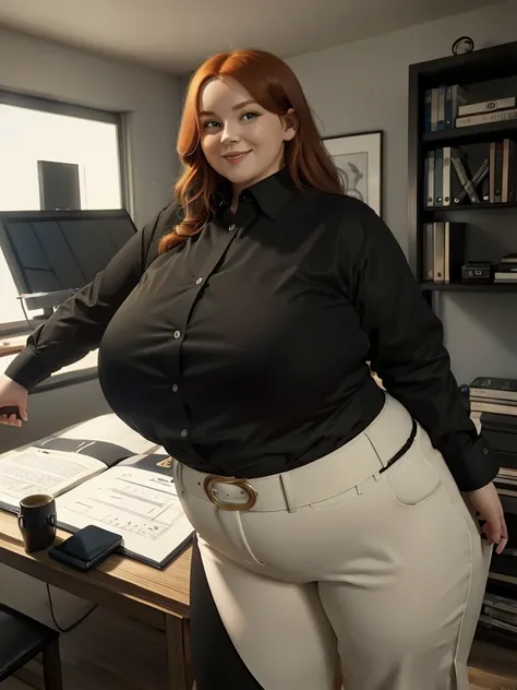 An happy and excited photo of a Beautiful ginger architect BBW, with long wavy light Brownish-ginger hair, with big soft fat belly, thicc fat arms, thicc wide legs, big breast, in black pants, long black shirt tucked in her pants, black belt and black blou...