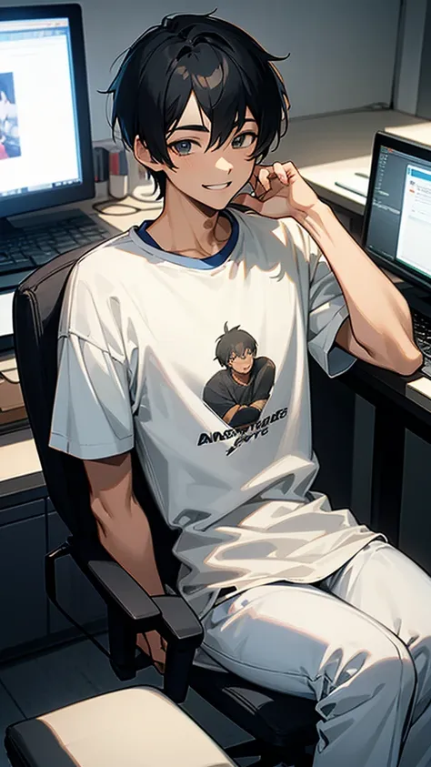  18 years older gentleman man wearing T-shirt blackhair smiling anime image sitting on computer chair 