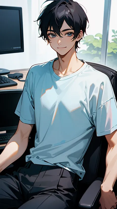  18 years older gentleman man wearing T-shirt blackhair smiling anime image sitting on computer chair 