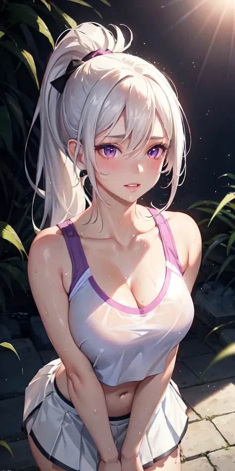 realistic, 1girl, ponytail, parted lips, blush, makeup, light smile, white hair, sportswear, skirt, wet clothes, glow, thighs, purple eye, bare shoulders, collarbone, narrow waist, sunbeam, sunlight, rose, wind, cleavage, (masterpiece), sweat,