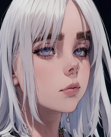 billie eilish, girl, white hair, beautiful detailed eyes, beautiful detailed lips, extremely detailed face, long eyelashes, sensual, seductive, elegant, mysterious, moody lighting, dramatic lighting, dark fantasy, dark romantic, muted colors, cool tones