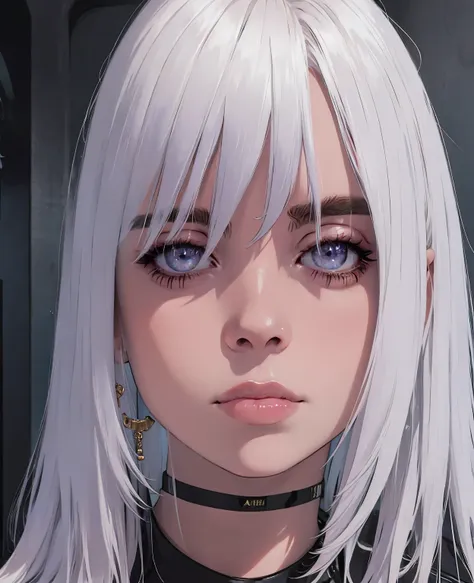 billie eilish, girl, white hair, beautiful detailed eyes, beautiful detailed lips, extremely detailed face, long eyelashes, sensual, seductive, elegant, mysterious, moody lighting, dramatic lighting, dark fantasy, dark romantic, muted colors, cool tones