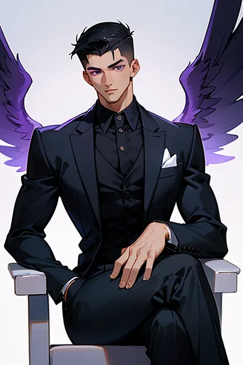 Handsome, boy, clean-cut, cool, side cut, short black hair, black suit, purple eyes, angel wings, front, crossed legs, tall, muscular 