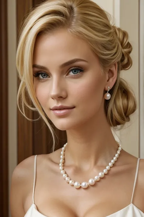 Portrait of beautiful blonde girl with big tits with cleavage and hair up and with a pearl necklace 