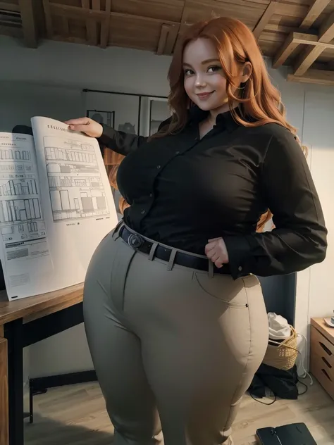 An happy and excited photo of a Beautiful ginger architect BBW, with long wavy light Brownish-ginger hair, with big soft fat belly, thicc fat arms, thicc wide legs, big breast, in gray pants, long black shirt tucked in her pants, black belt and black blous...