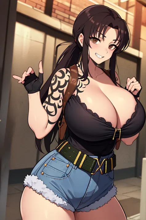 (masterpiece、highest quality:1.2)、solo、anime woman、revue、grin and laugh、looking at the viewer、Are standing、long brown hair、brown eyes、ponytail、V-shaped eyebrow hair、white  bra、collarbone、fingerless gloves、denim shorts、belt、holster、strong muscles、big enormo...