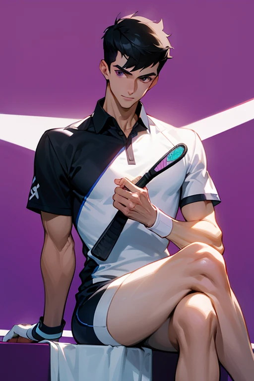 Handsome man, clean-cut man, cool, side cut, short black hair, tennis clothes, holding a racket, purple eyes, front, crossed legs, tall, muscular  