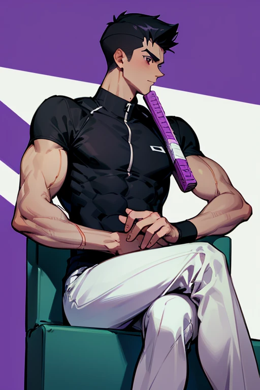 Handsome man, clean-cut man, cool, side cut, short black hair, tennis clothes, holding a racket, purple eyes, front, crossed legs, tall, muscular  