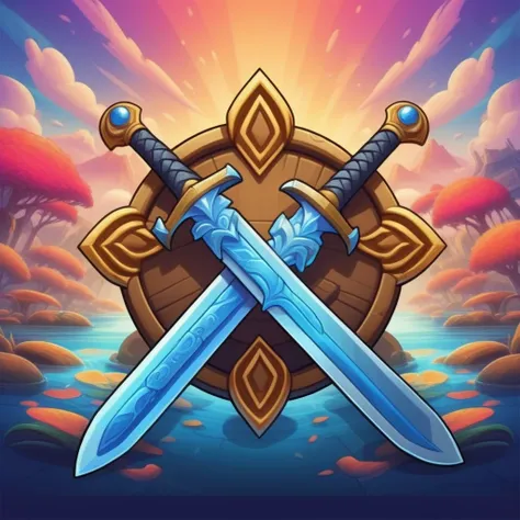 symbol, crossed sword , mobile game art, banner, detailed game art, stylized game art, game illustration, splash screen art, ful...