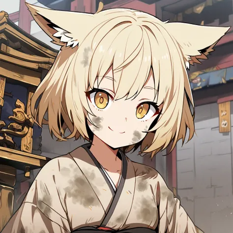 1girl,solo,short hair,dirty hair,white hair color,blonde eyes
color,fox ears,drooping eyes,dirty kimono,small breasts,short stature,looking at viewer,smile,Shrines in shambles,