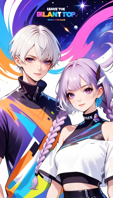 graphic design，Vector Art，Smooth lines，Simple style，Funny couple poster design：Break，Boys short hair white，Girl white hair purple Hair accessories long braids，Hair accessories，High collar off-shoulder short sleeves，Galaxy theme，(fashion design),(Vibrant co...