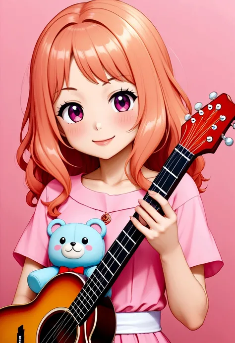 One 、3 year old、guitar、Pink Dress、cute金髪、infant、Kids Room、toy、stuffed toy、Pink Background、教育、Anime for children、cute３歳児がguitarを弾きながら歌っている、((３頭身のinfant:1.3))