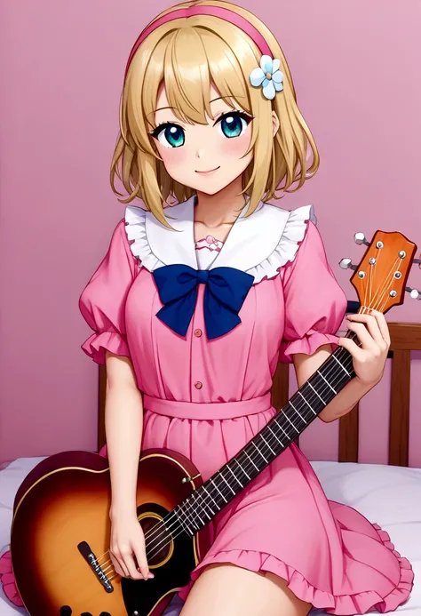 One 、3 year old、guitar、Pink Dress、cute金髪、infant、Kids Room、toy、stuffed toy、Pink Background、教育、Anime for children、cute３歳児がguitarを弾きながら歌っている、((３頭身のinfant:1.3))